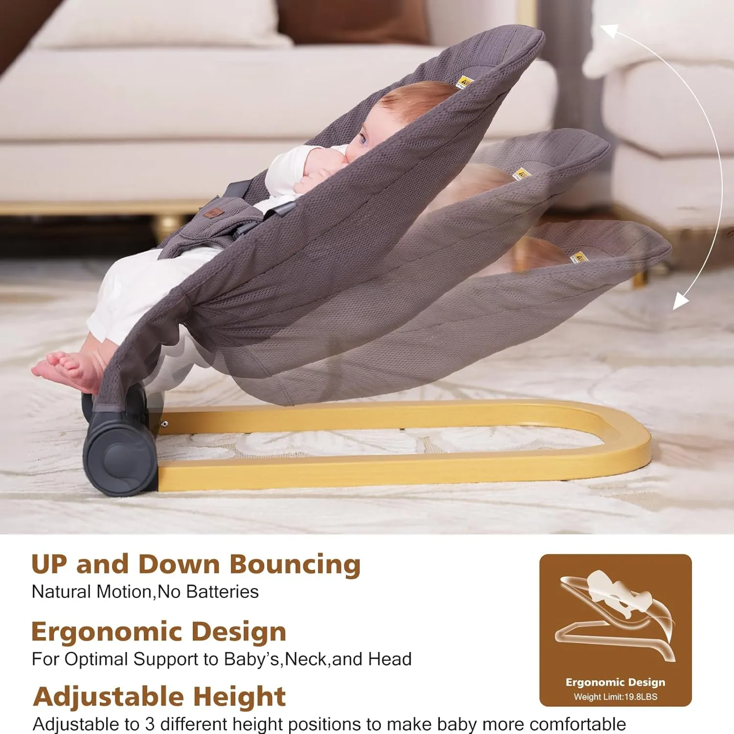 Baby Bouncer,Portable Baby Bouncer Seat & Foldable with 3 Height Adjustments, Ergonomic Bouncer for Babies 0-6 Months, Wood Grain Style, Natural Vibrations, Includes Storage Bag (Mesh Grey)