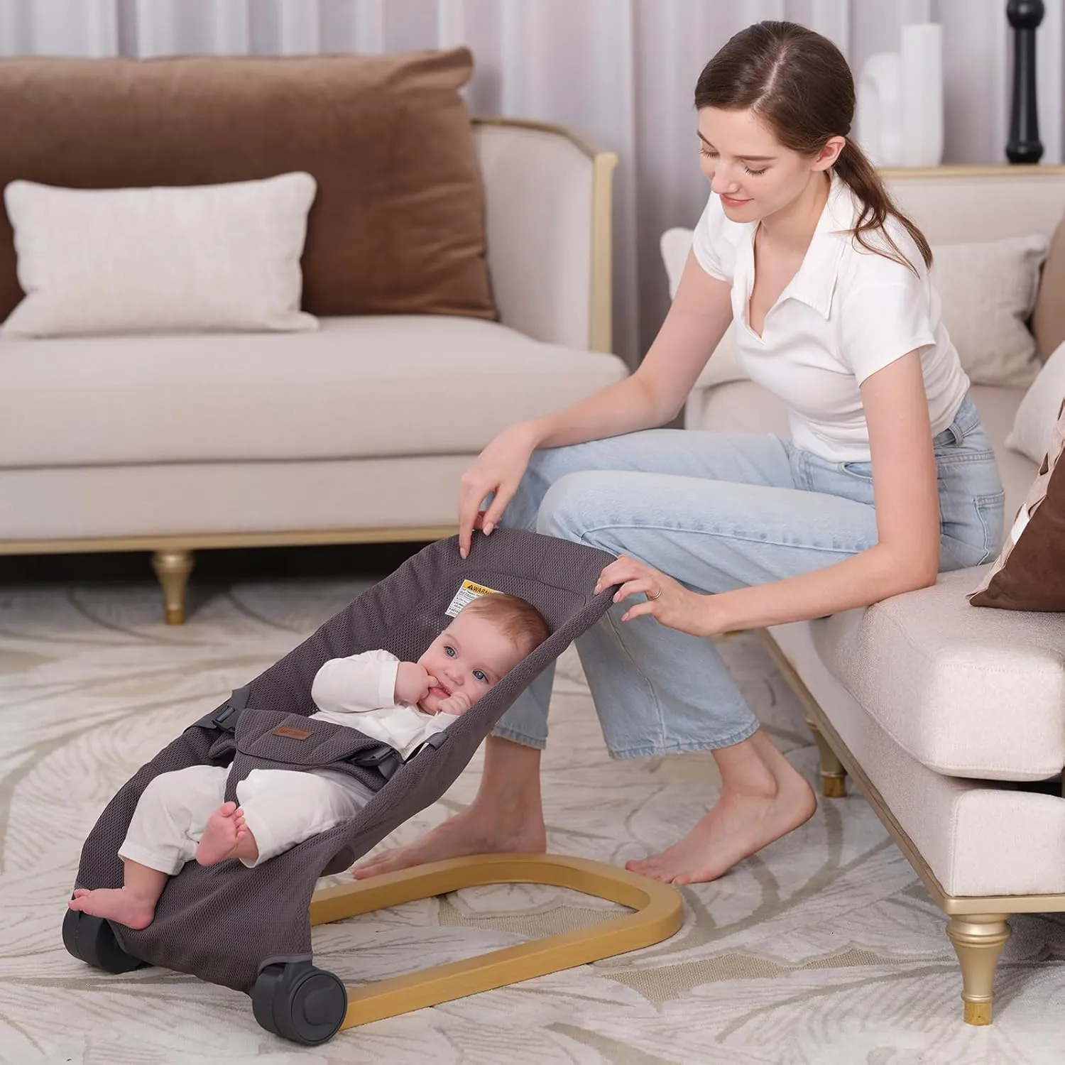 Baby Bouncer,Portable Baby Bouncer Seat & Foldable with 3 Height Adjustments, Ergonomic Bouncer for Babies 0-6 Months, Wood Grain Style, Natural Vibrations, Includes Storage Bag (Mesh Grey)