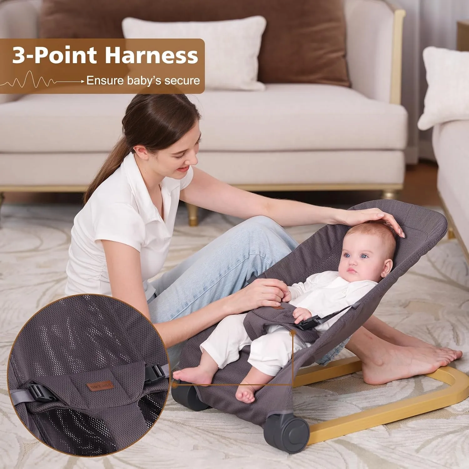 Baby Bouncer,Portable Baby Bouncer Seat & Foldable with 3 Height Adjustments, Ergonomic Bouncer for Babies 0-6 Months, Wood Grain Style, Natural Vibrations, Includes Storage Bag (Mesh Grey)