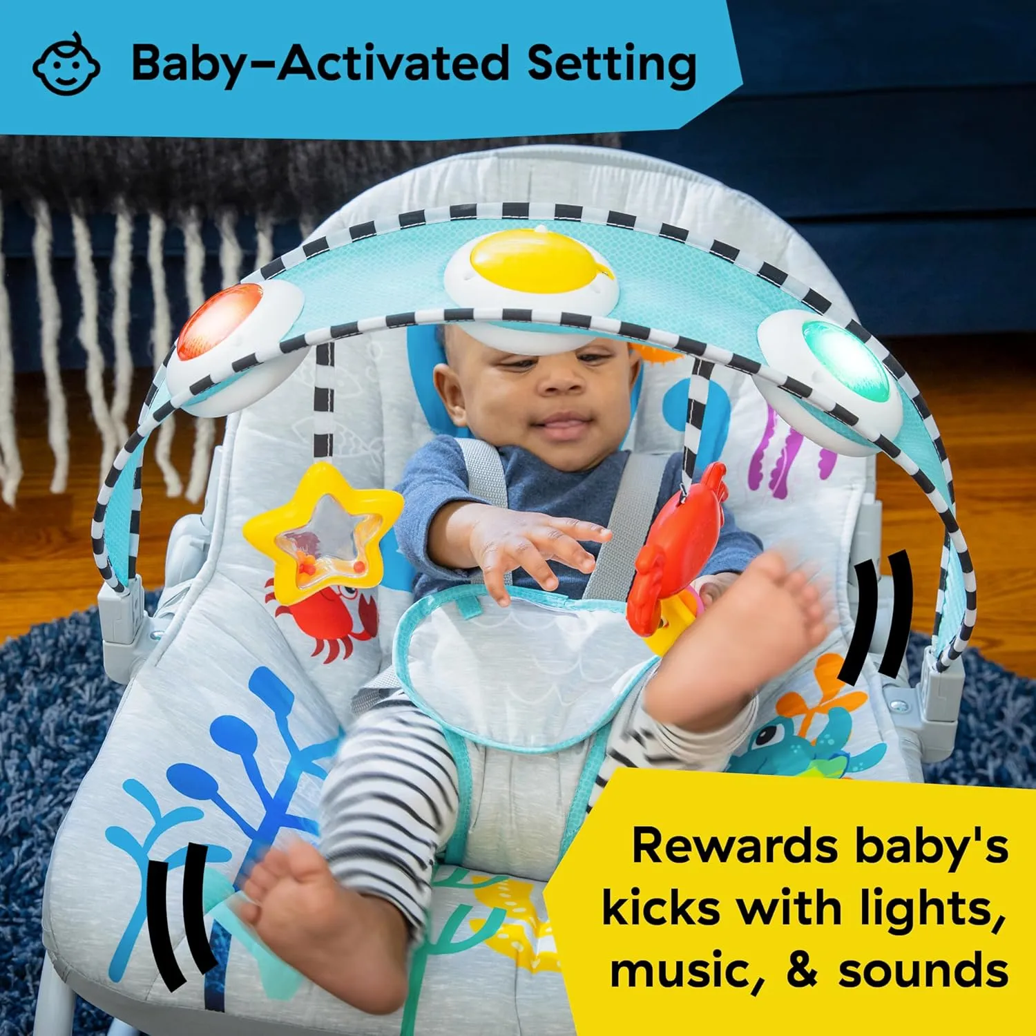 Baby Einstein Ocean Explorers Kick to It Opus Musical Infant to Toddler Rocker, Baby Chair, Baby-Activated Music and Lights, Ages 0-30 Months