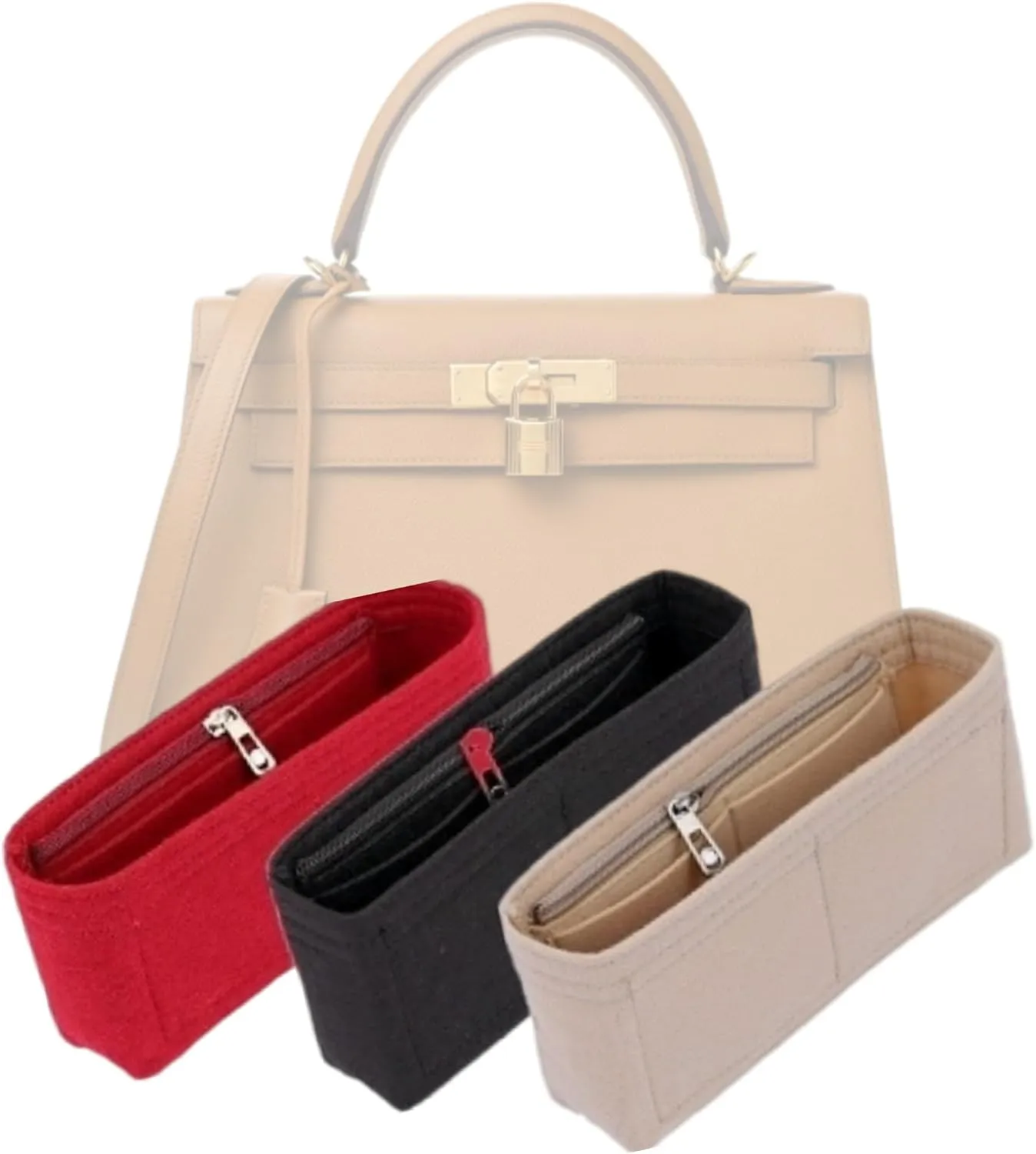 Bag Organizer for Hermes Kelly 25 Handbag (25L x 19H x 9D cm)|Handmade Custom Bag Insert|2mm Felt Bag Liner|Women Handbag Shaper (Black, Style B: Side Zipper)