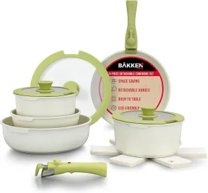 Bakken 15-Piece Non-Stick Cookware Set with Detachable Handles – Granite Stackable Pots and Pans Set, Dish Washer Safe, Oven-Safe, and Compatible Kitchen Essential for All Stoves – Green/Cream