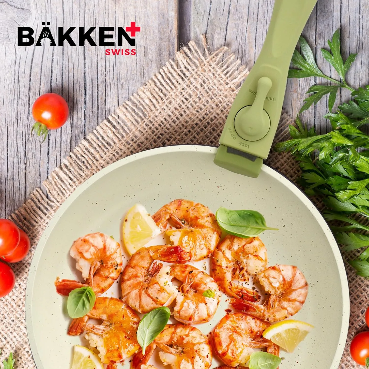 Bakken 15-Piece Non-Stick Cookware Set with Detachable Handles – Granite Stackable Pots and Pans Set, Dish Washer Safe, Oven-Safe, and Compatible Kitchen Essential for All Stoves – Green/Cream