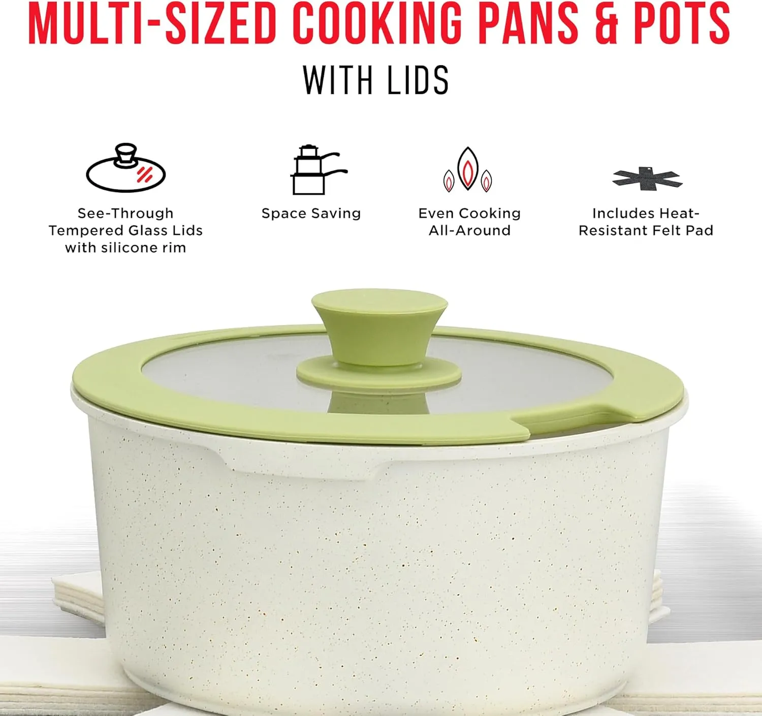 Bakken 15-Piece Non-Stick Cookware Set with Detachable Handles – Granite Stackable Pots and Pans Set, Dish Washer Safe, Oven-Safe, and Compatible Kitchen Essential for All Stoves – Green/Cream