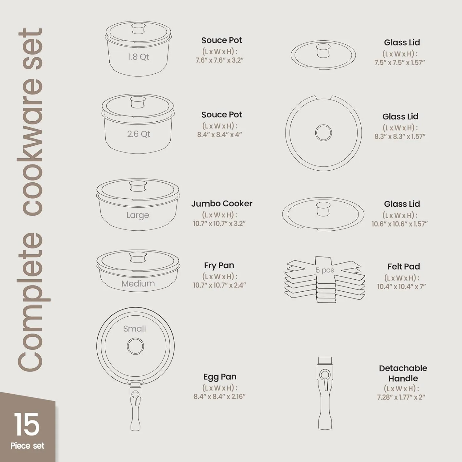 Bakken 15-Piece Non-Stick Cookware Set with Detachable Handles – Granite Stackable Pots and Pans Set, Dish Washer Safe, Oven-Safe, and Compatible Kitchen Essential for All Stoves – Green/Cream