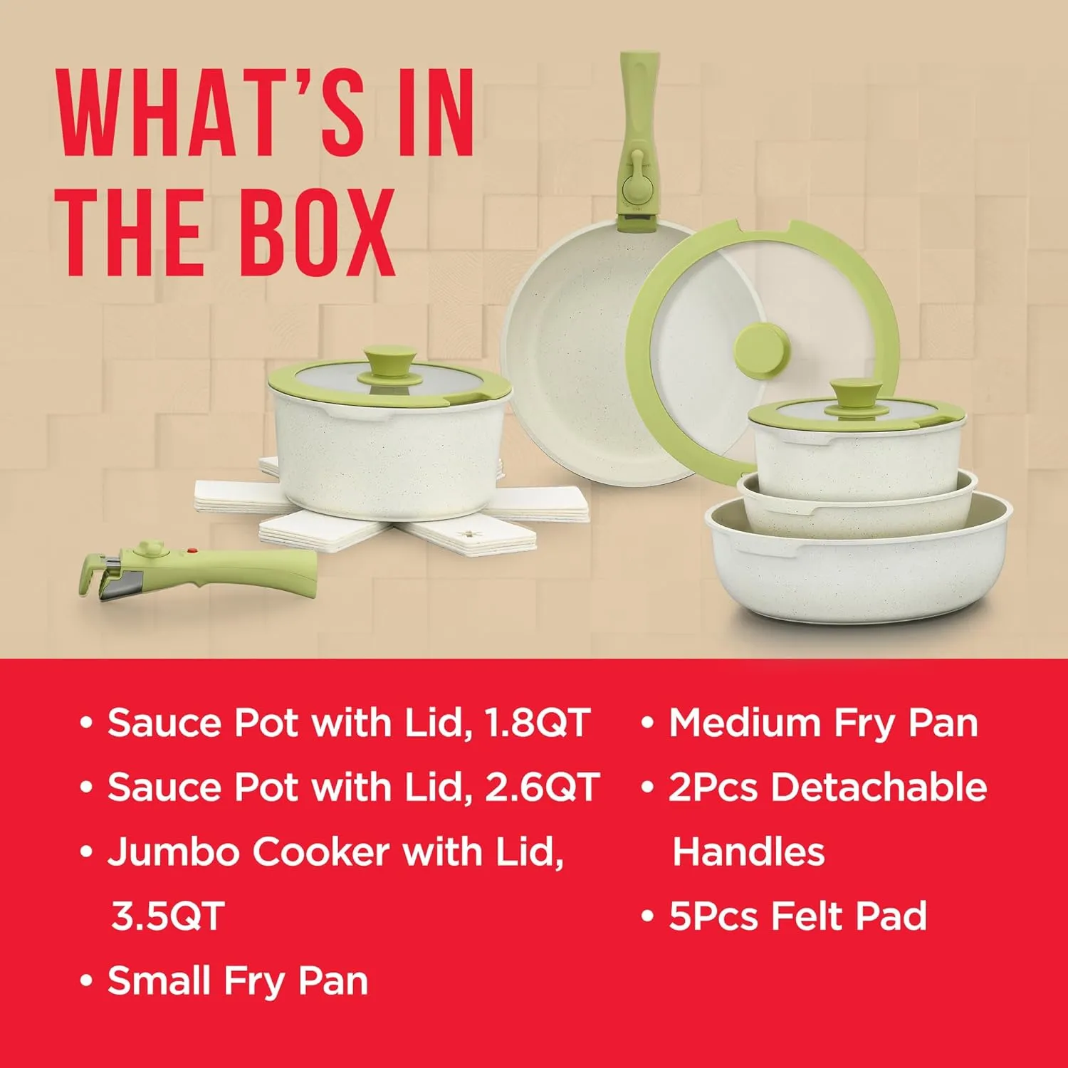 Bakken 15-Piece Non-Stick Cookware Set with Detachable Handles – Granite Stackable Pots and Pans Set, Dish Washer Safe, Oven-Safe, and Compatible Kitchen Essential for All Stoves – Green/Cream