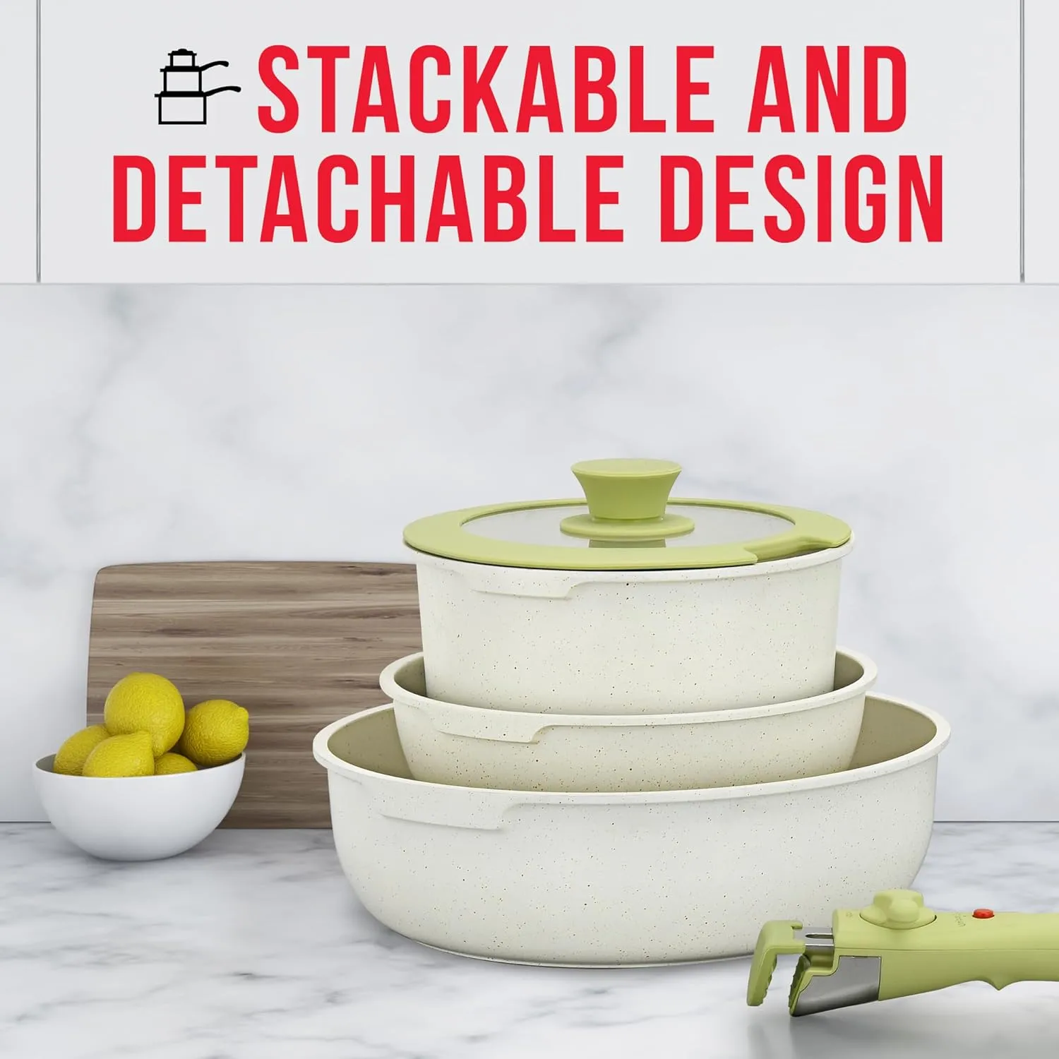 Bakken 15-Piece Non-Stick Cookware Set with Detachable Handles – Granite Stackable Pots and Pans Set, Dish Washer Safe, Oven-Safe, and Compatible Kitchen Essential for All Stoves – Green/Cream