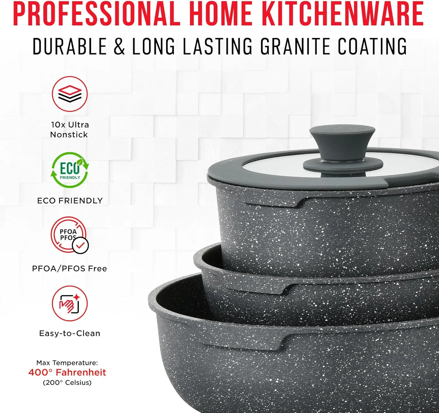 Bakken 15-Piece Non-Stick Cookware Set with Detachable Handles – Granite Stackable Pots and Pans Set, Dishwasher Safe, Oven-Safe, and Compatible Kitchen Essential for All Stoves – Black Granite.