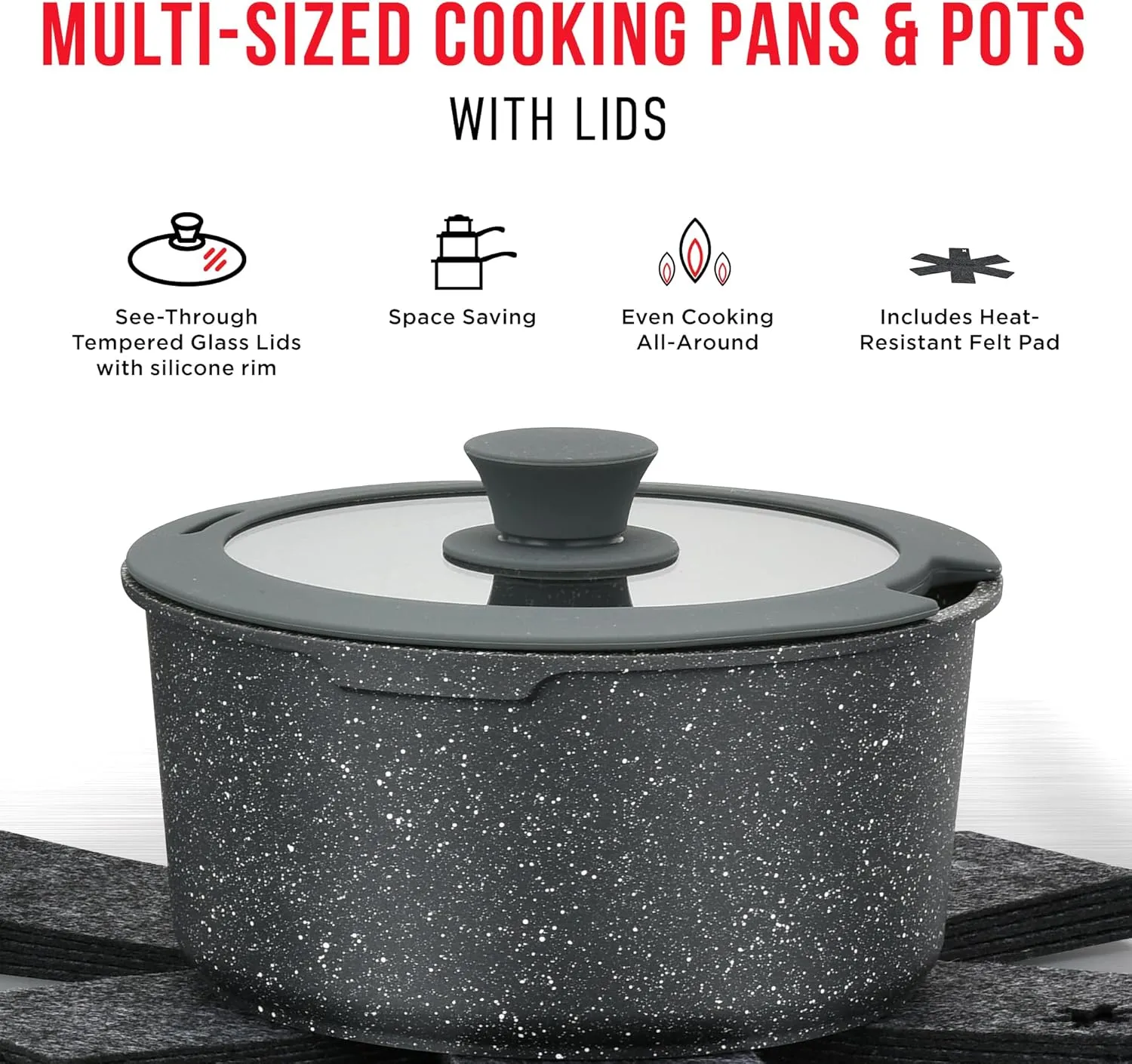 Bakken 15-Piece Non-Stick Cookware Set with Detachable Handles – Granite Stackable Pots and Pans Set, Dishwasher Safe, Oven-Safe, and Compatible Kitchen Essential for All Stoves – Black Granite.