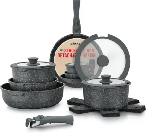 Bakken 15-Piece Non-Stick Cookware Set with Detachable Handles – Granite Stackable Pots and Pans Set, Dishwasher Safe, Oven-Safe, and Compatible Kitchen Essential for All Stoves – Black Granite.