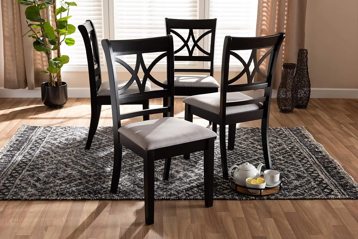 Baxton Studio Clarke Dining Chair Set - Grey Fabric Upholstered, Espresso Brown Wooden Frame, 4-Piece