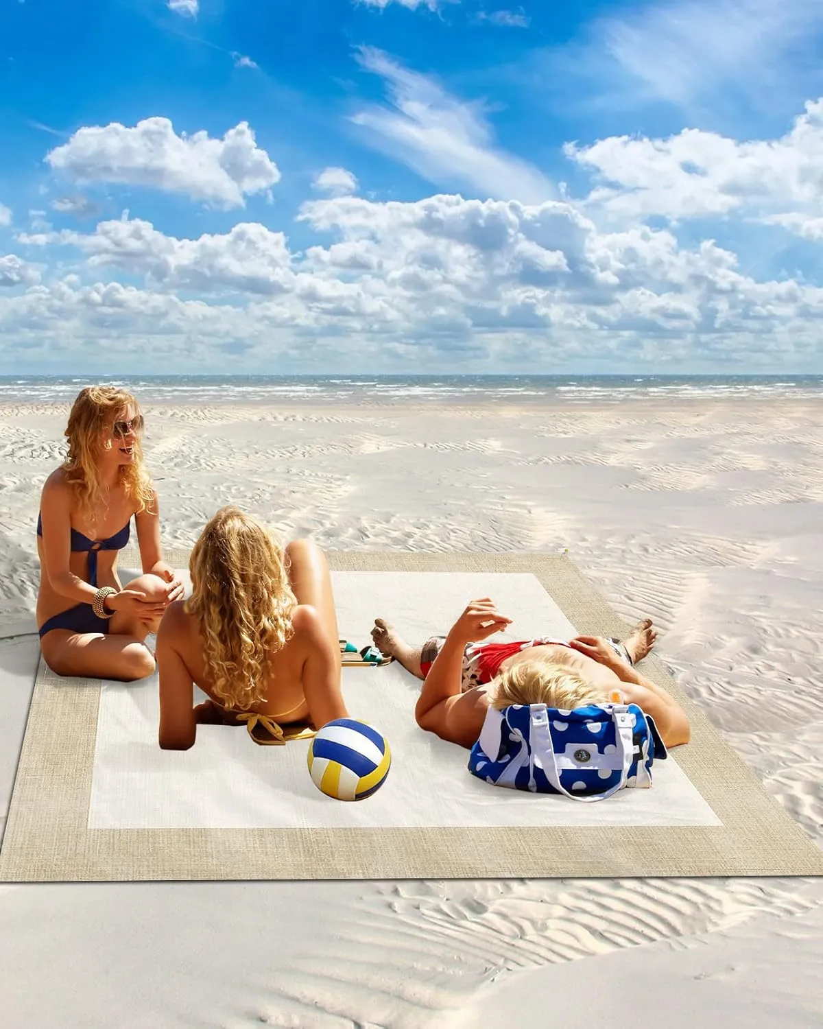 Beach Blanket Farmhouse Khaki Beige Sandproof Waterproof Beach Mat Burlap Background Sand Free Mat Quick Drying Beach Essentials for Vacation Lightweight with 4 Stakes & Corner Pockets 118"x108"