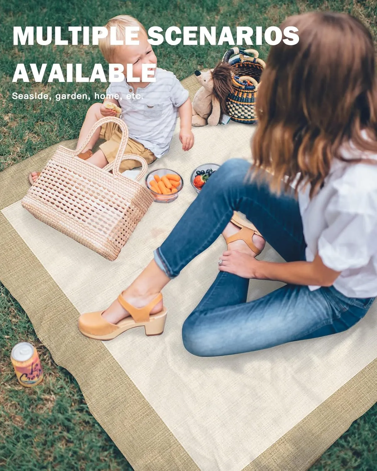 Beach Blanket Farmhouse Khaki Beige Sandproof Waterproof Beach Mat Burlap Background Sand Free Mat Quick Drying Beach Essentials for Vacation Lightweight with 4 Stakes & Corner Pockets 118"x108"