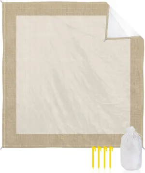 Beach Blanket Farmhouse Khaki Beige Sandproof Waterproof Beach Mat Burlap Background Sand Free Mat Quick Drying Beach Essentials for Vacation Lightweight with 4 Stakes & Corner Pockets 118"x108"