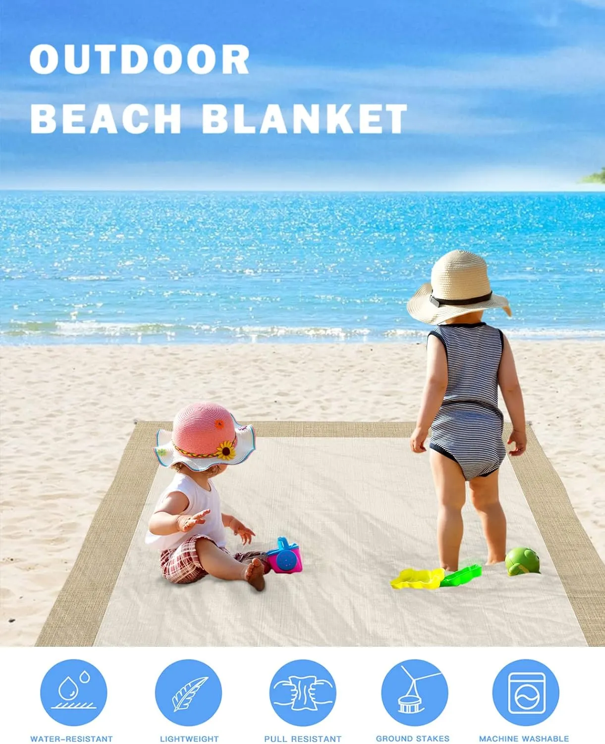 Beach Blanket Farmhouse Khaki Beige Sandproof Waterproof Beach Mat Burlap Background Sand Free Mat Quick Drying Beach Essentials for Vacation Lightweight with 4 Stakes & Corner Pockets 118"x108"