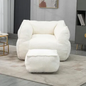 Bean Bag Chair with Ottoman, Comfy Bean Bag Chair for Adults, Teens, Comfy Floor Accent Chair with Memory Foam Filler, Lazy Beanbag Lounger for Living Room, Game Room, Apartment, Beige Boucle