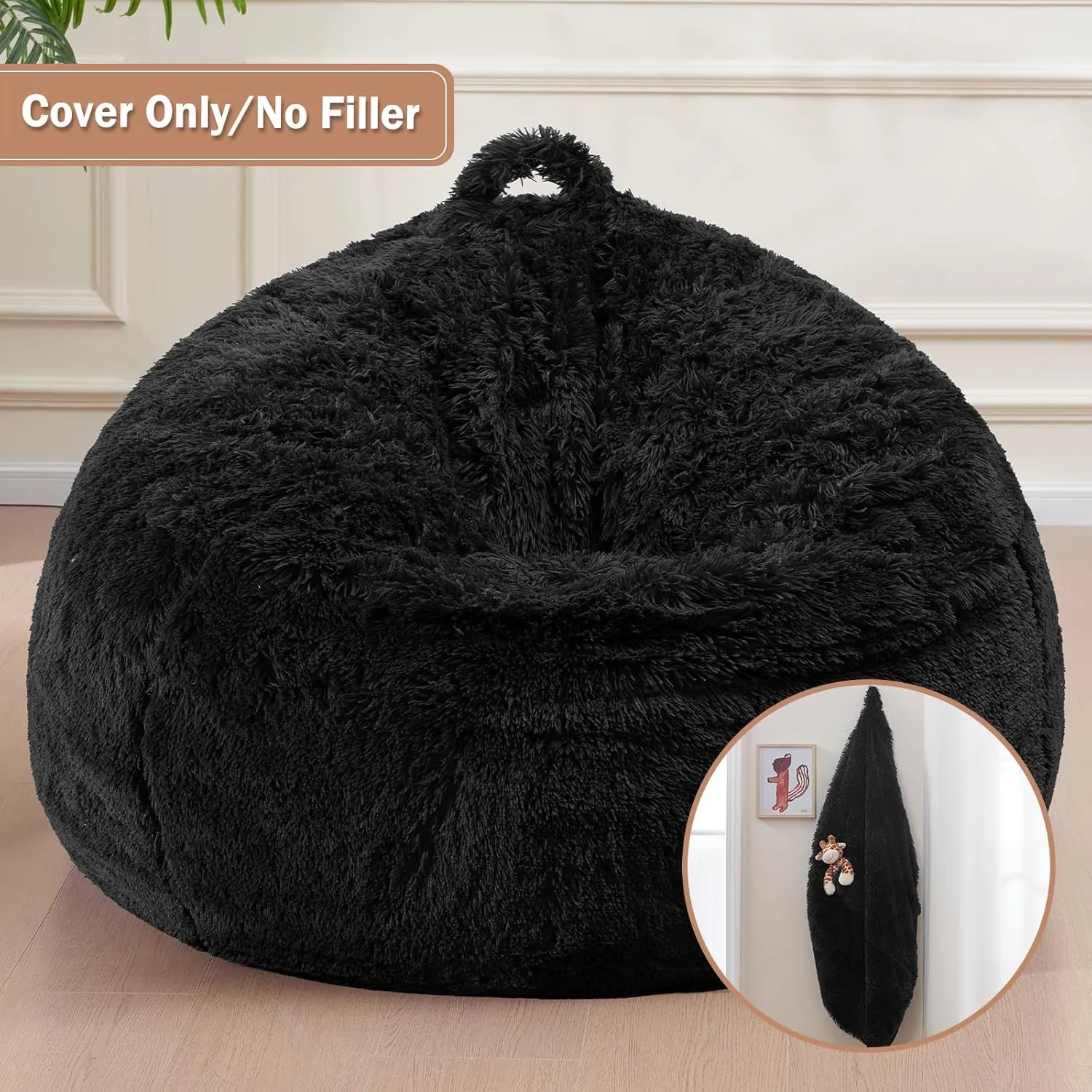 Bean Bag for Stuffed Animals Storage Covers Only, Furry Comfy Stuffy Reading Chair with Side Pocket Handle, Machine Washable Bing Bag chair Cover