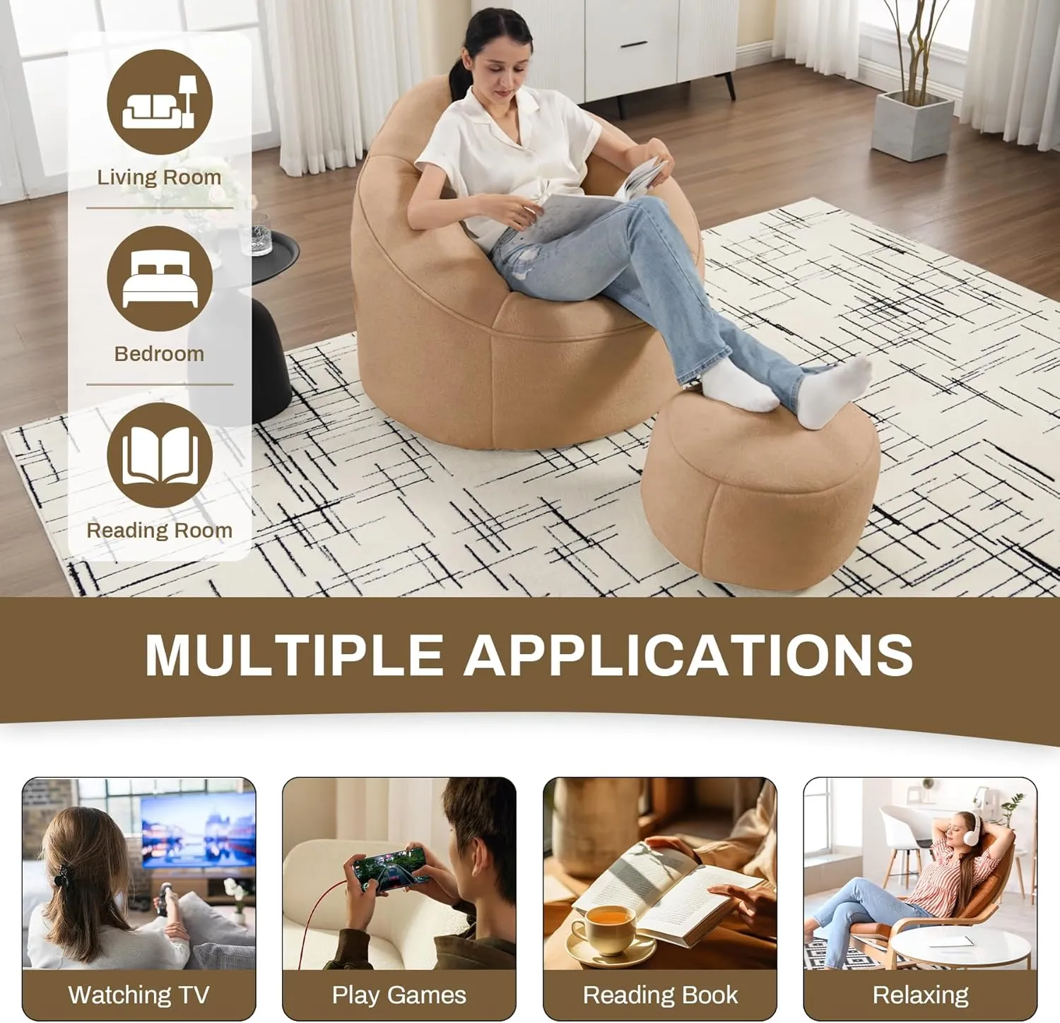 Bean Bag Sofa Chair with Ottoman, Comfy Microfiber Large Lazy Sofa with Footstool, Oversized Upholstered Fluffy Beanbag Chair with Memory Foam Filler for Living Room, Bedroom, Tan