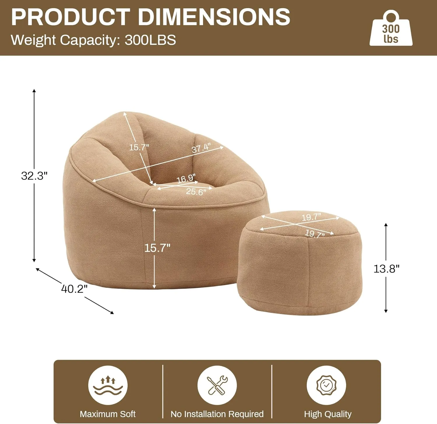 Bean Bag Sofa Chair with Ottoman, Comfy Microfiber Large Lazy Sofa with Footstool, Oversized Upholstered Fluffy Beanbag Chair with Memory Foam Filler for Living Room, Bedroom, Tan