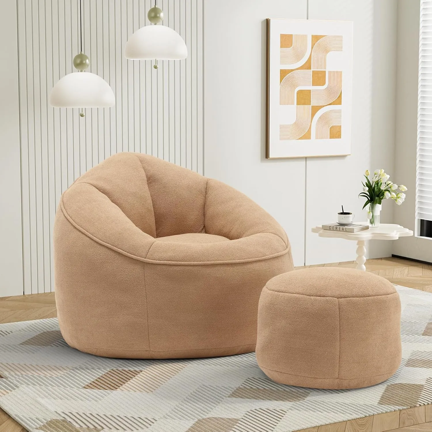 Bean Bag Sofa Chair with Ottoman, Comfy Microfiber Large Lazy Sofa with Footstool, Oversized Upholstered Fluffy Beanbag Chair with Memory Foam Filler for Living Room, Bedroom, Tan