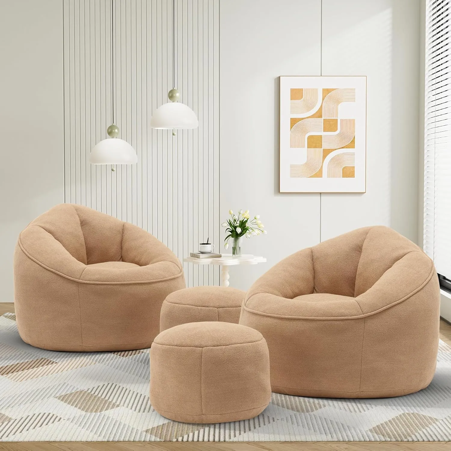 Bean Bag Sofa Chair with Ottoman, Comfy Microfiber Large Lazy Sofa with Footstool, Oversized Upholstered Fluffy Beanbag Chair with Memory Foam Filler for Living Room, Bedroom, Tan
