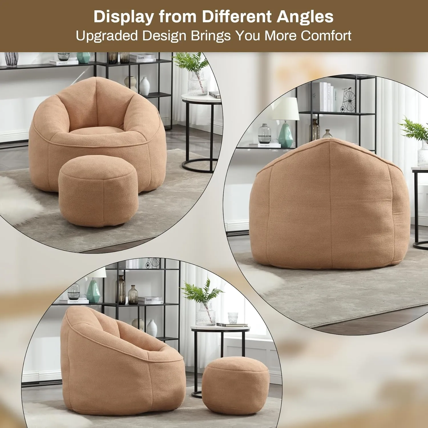 Bean Bag Sofa Chair with Ottoman, Comfy Microfiber Large Lazy Sofa with Footstool, Oversized Upholstered Fluffy Beanbag Chair with Memory Foam Filler for Living Room, Bedroom, Tan