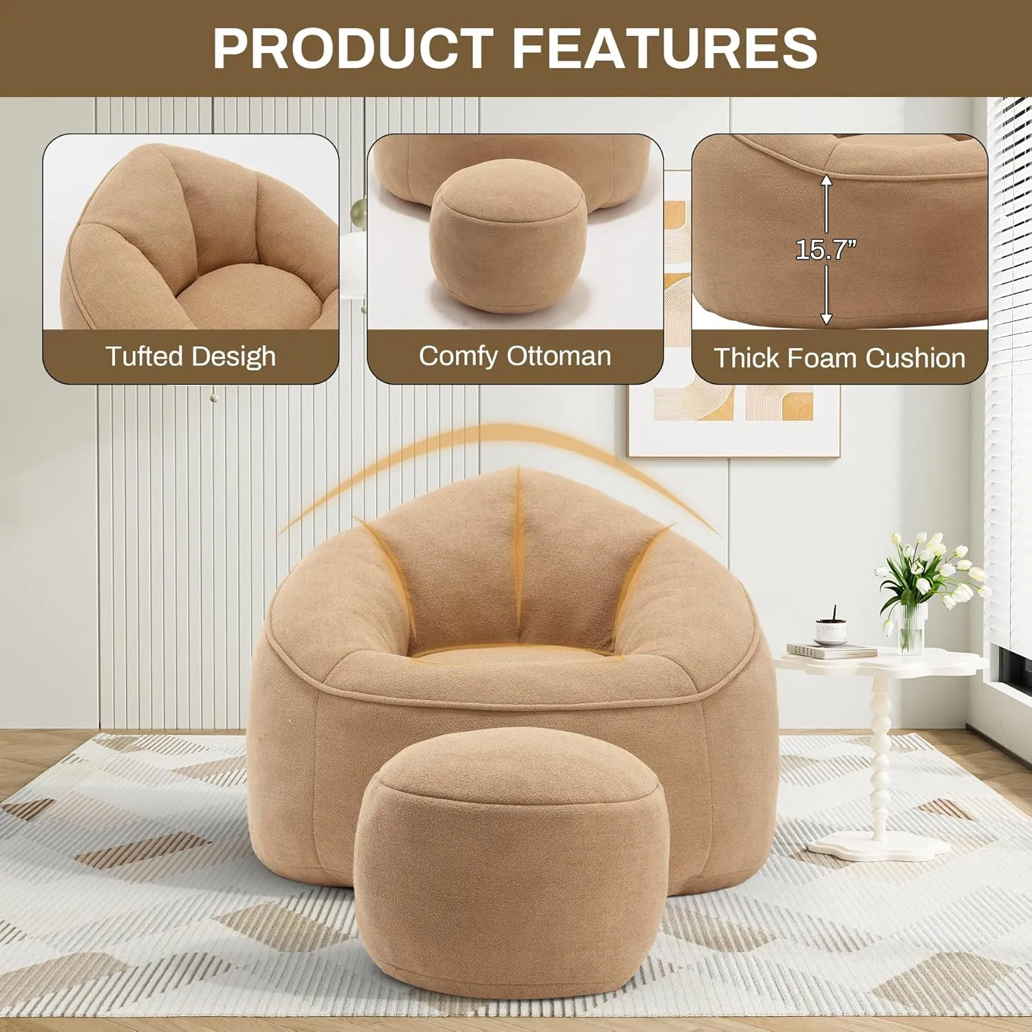 Bean Bag Sofa Chair with Ottoman, Comfy Microfiber Large Lazy Sofa with Footstool, Oversized Upholstered Fluffy Beanbag Chair with Memory Foam Filler for Living Room, Bedroom, Tan