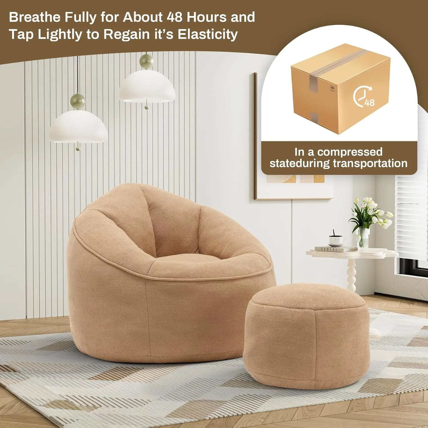 Bean Bag Sofa Chair with Ottoman, Comfy Microfiber Large Lazy Sofa with Footstool, Oversized Upholstered Fluffy Beanbag Chair with Memory Foam Filler for Living Room, Bedroom, Tan