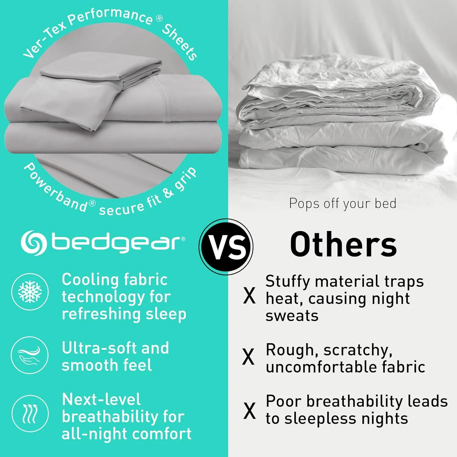 Bedgear Ver-Tex Sheet Set - Instant Cooling Bed Sheets with an Ultra-Soft Feel and Powerband for a Secure Fit - Includes Fitted Sheet, Flat Sheet, and 2 Pillowcase - King/California King, Light Grey