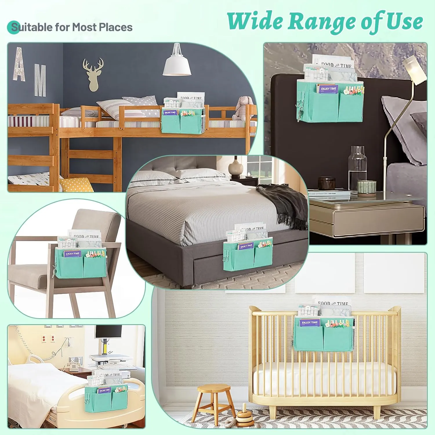 Bedside Caddy Hanging Storage with Water Bottle Holder for Bunk and Hospital Beds, Dorm Rooms (2 Pack Light Green)