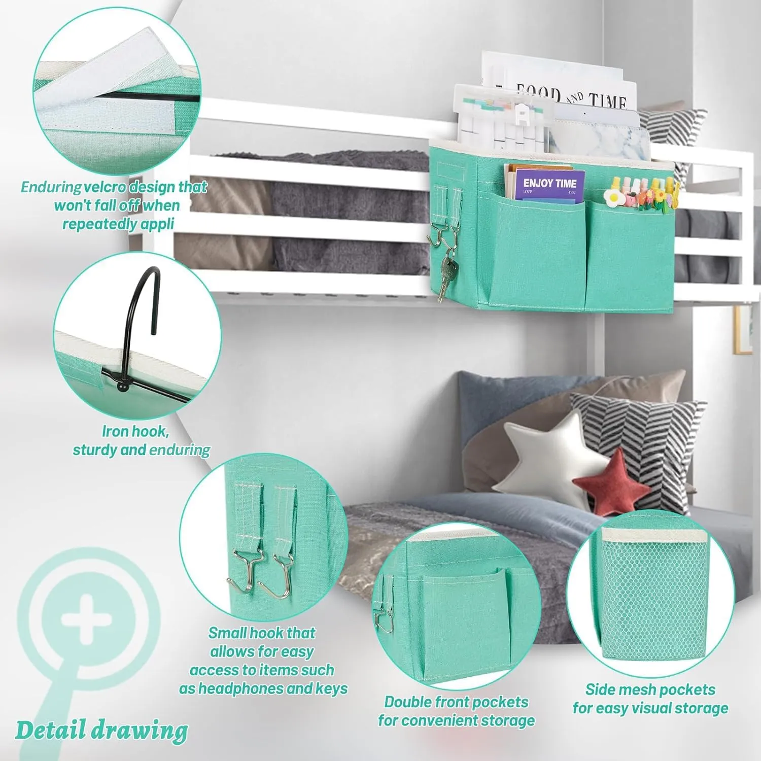 Bedside Caddy Hanging Storage with Water Bottle Holder for Bunk and Hospital Beds, Dorm Rooms (2 Pack Light Green)