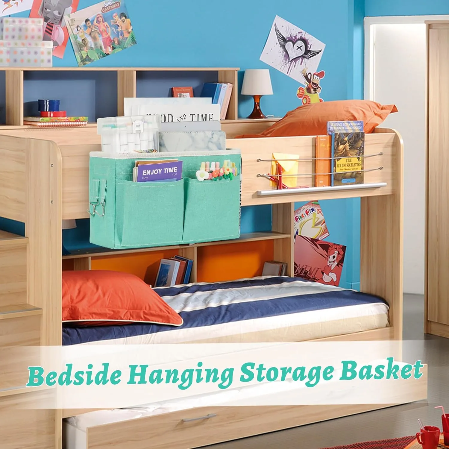 Bedside Caddy Hanging Storage with Water Bottle Holder for Bunk and Hospital Beds, Dorm Rooms (2 Pack Light Green)