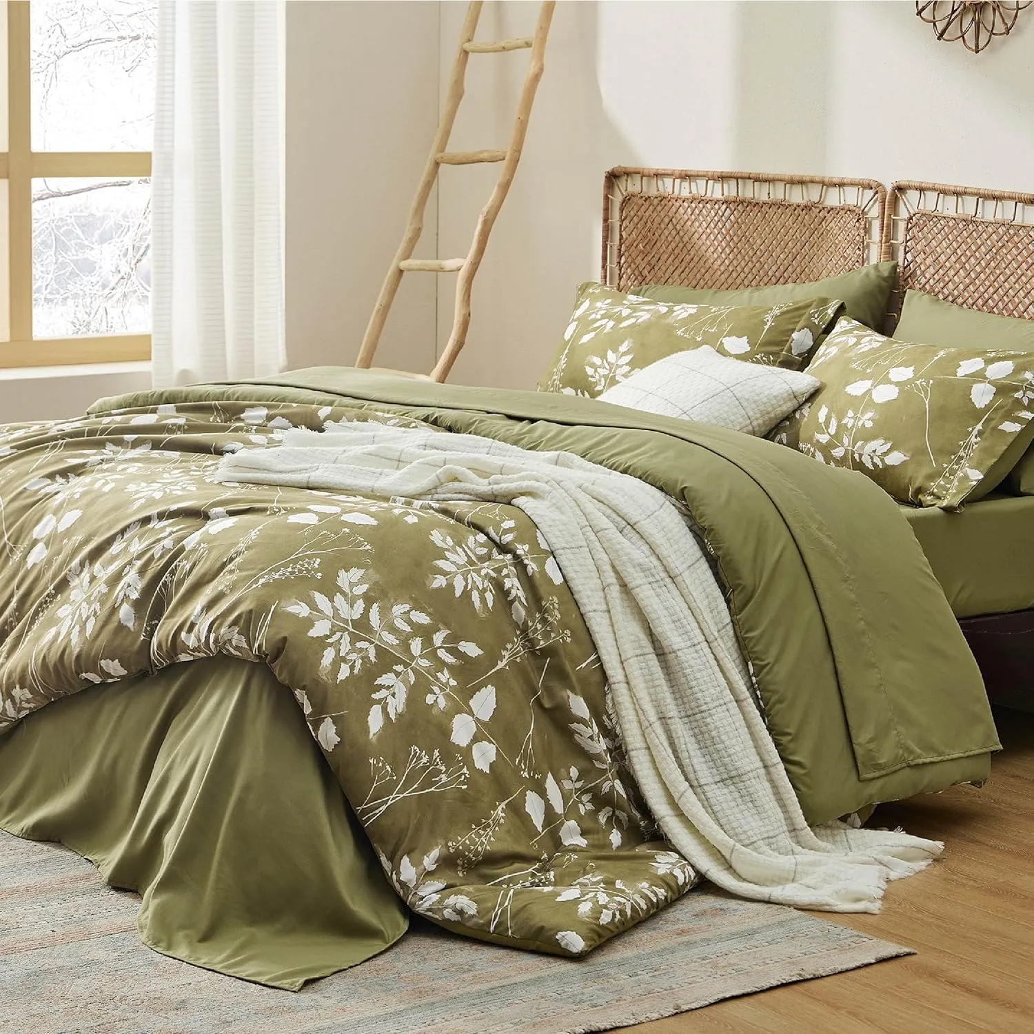 Bedsure King Size Comforter Set - 7 Pieces Floral Olive Green Soft Bedding Sets, King Bed in a Bag with Botanical Flowers Comforter, Sheets, Pillowcases & Shams