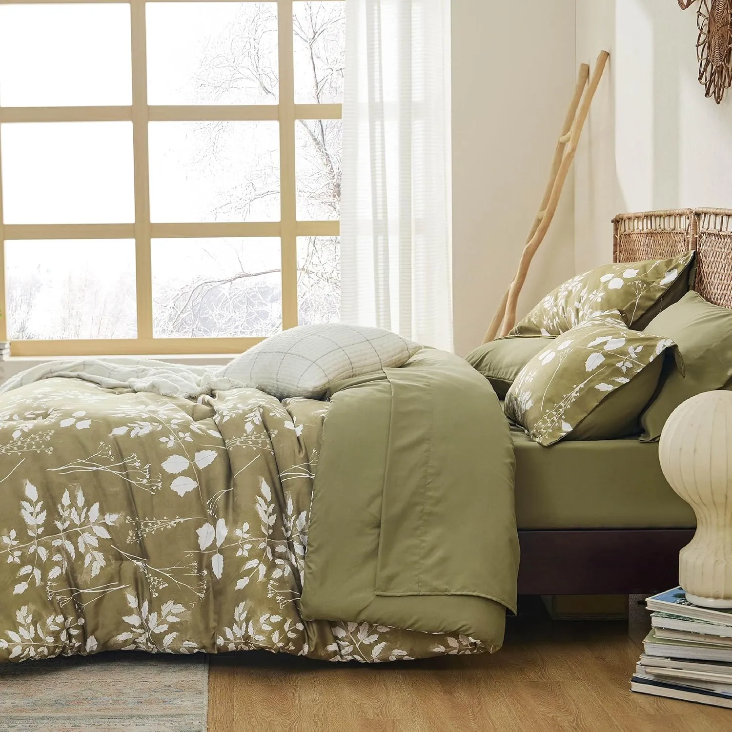 Bedsure King Size Comforter Set - 7 Pieces Floral Olive Green Soft Bedding Sets, King Bed in a Bag with Botanical Flowers Comforter, Sheets, Pillowcases & Shams