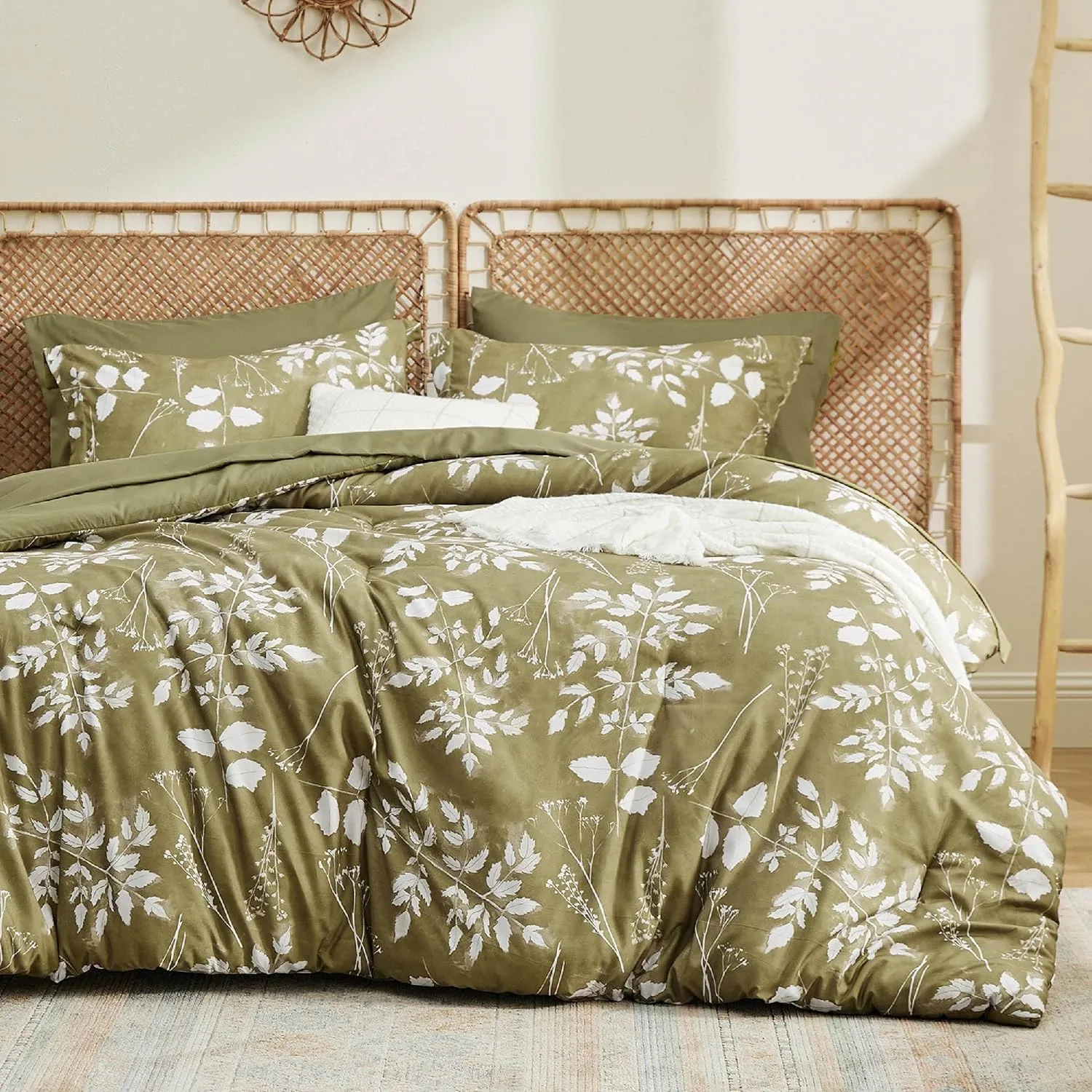 Bedsure King Size Comforter Set - 7 Pieces Floral Olive Green Soft Bedding Sets, King Bed in a Bag with Botanical Flowers Comforter, Sheets, Pillowcases & Shams