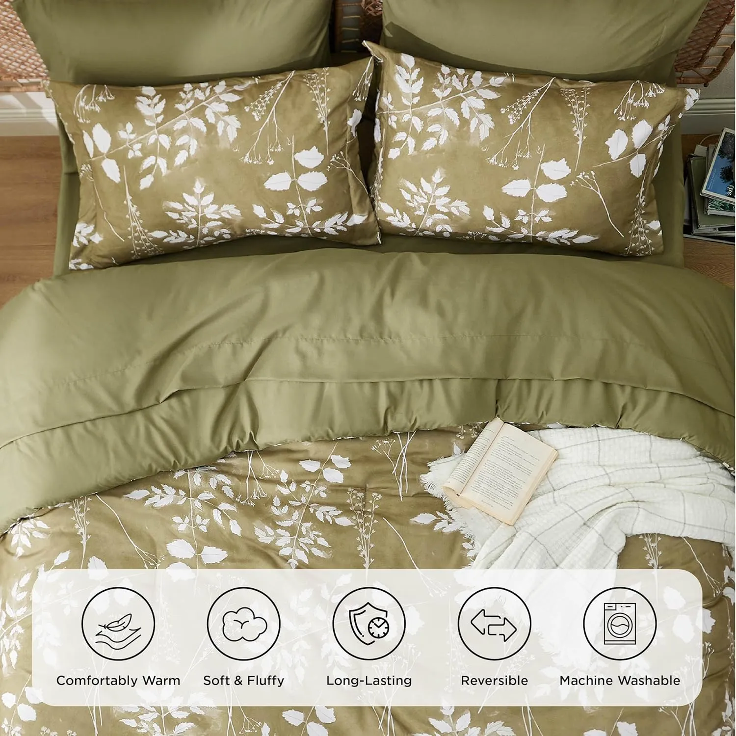 Bedsure King Size Comforter Set - 7 Pieces Floral Olive Green Soft Bedding Sets, King Bed in a Bag with Botanical Flowers Comforter, Sheets, Pillowcases & Shams