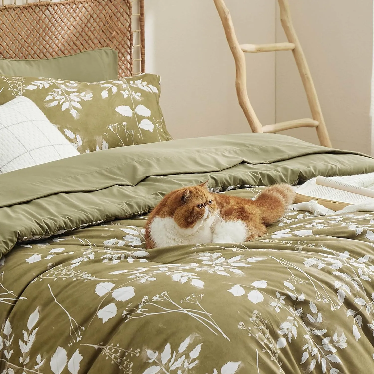 Bedsure King Size Comforter Set - 7 Pieces Floral Olive Green Soft Bedding Sets, King Bed in a Bag with Botanical Flowers Comforter, Sheets, Pillowcases & Shams
