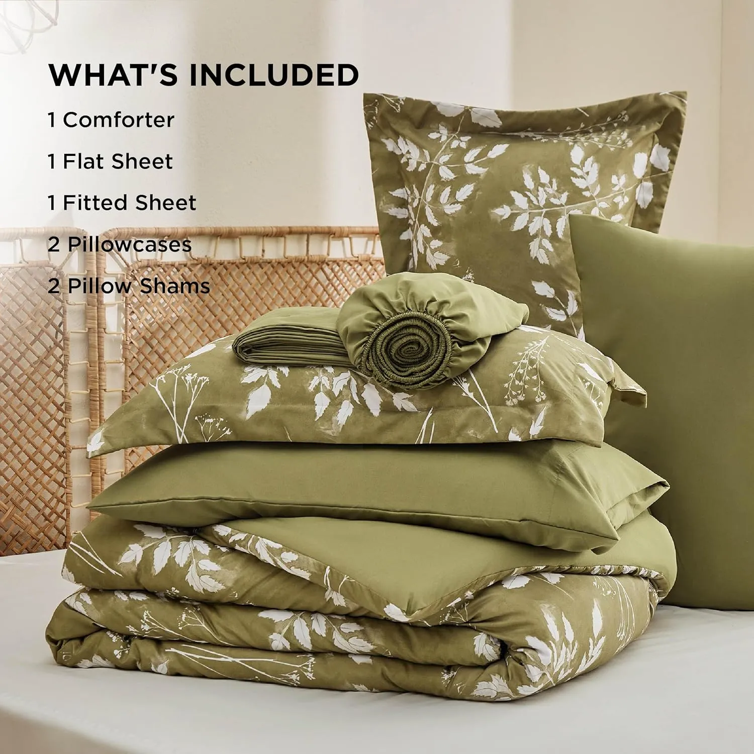 Bedsure King Size Comforter Set - 7 Pieces Floral Olive Green Soft Bedding Sets, King Bed in a Bag with Botanical Flowers Comforter, Sheets, Pillowcases & Shams
