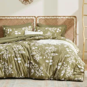 Bedsure King Size Comforter Set - 7 Pieces Floral Olive Green Soft Bedding Sets, King Bed in a Bag with Botanical Flowers Comforter, Sheets, Pillowcases & Shams