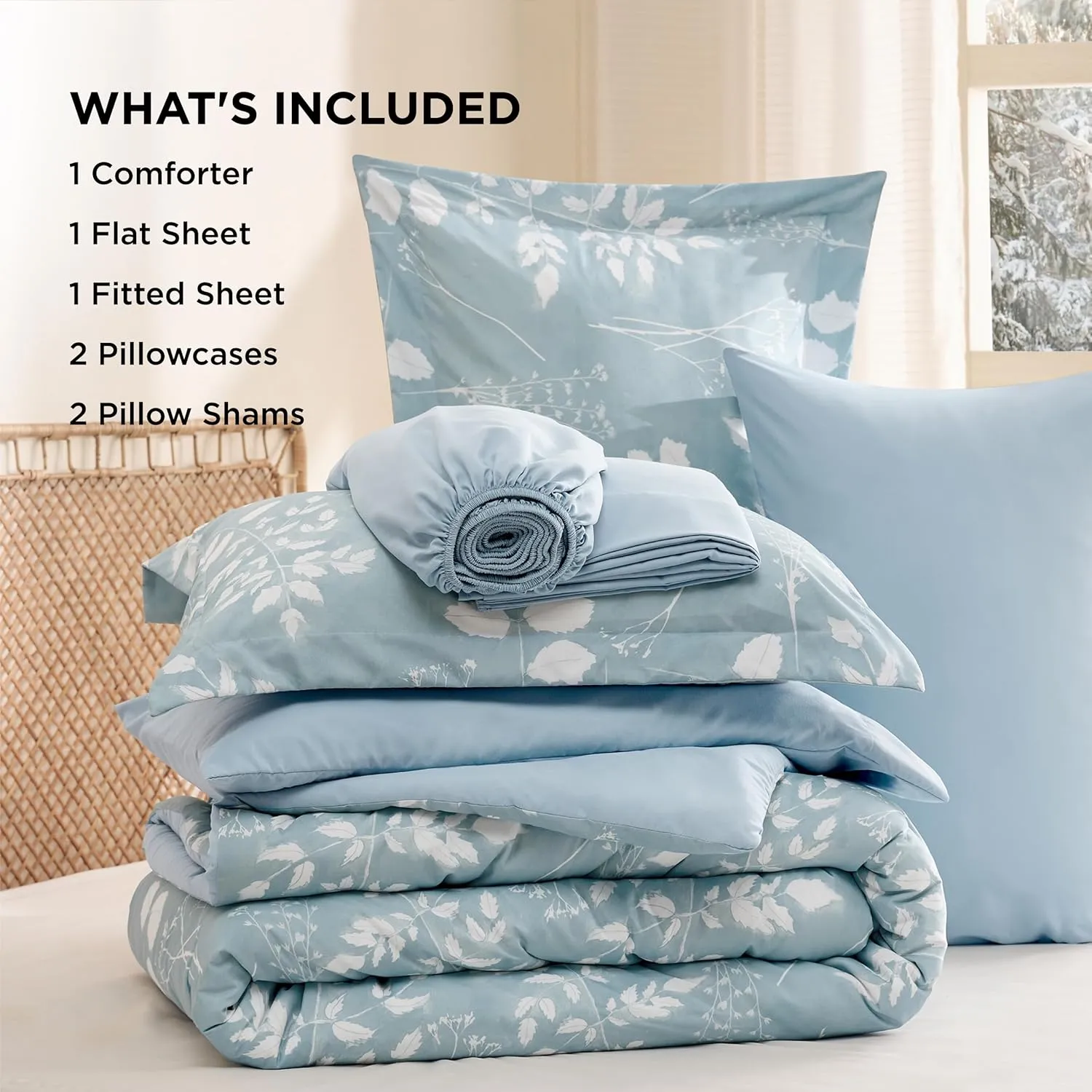 Bedsure Sky Blue Queen Comforter Set - 7 Pieces Floral Bedding Sets, Queen Bed in a Bag with Reversible Botanical Flowers Comforter, Sheets, Pillowcases & Shams