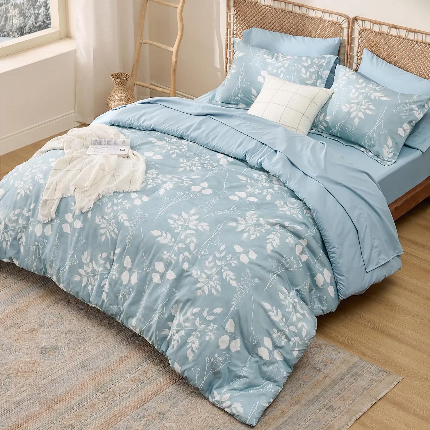 Bedsure Sky Blue Queen Comforter Set - 7 Pieces Floral Bedding Sets, Queen Bed in a Bag with Reversible Botanical Flowers Comforter, Sheets, Pillowcases & Shams