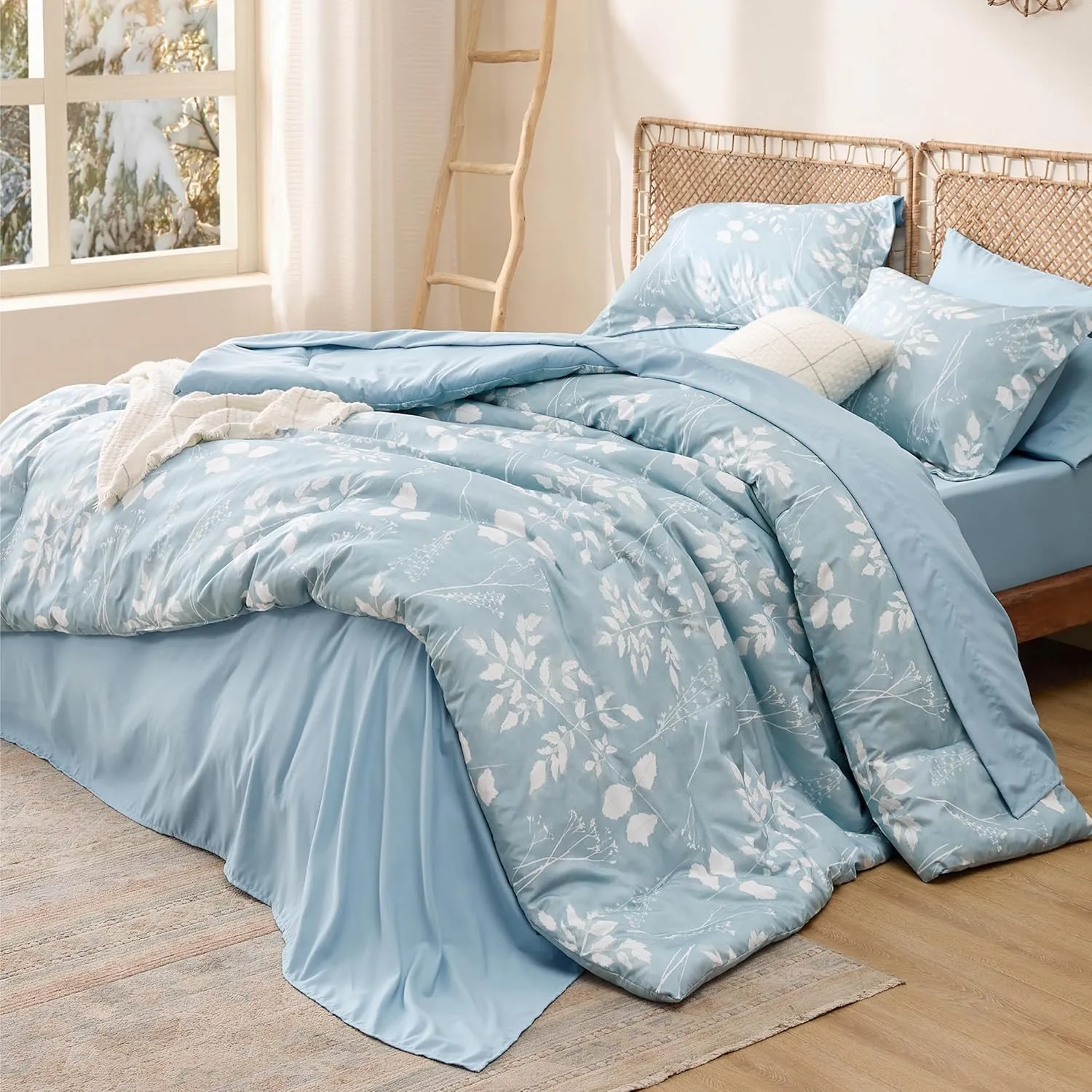 Bedsure Sky Blue Queen Comforter Set - 7 Pieces Floral Bedding Sets, Queen Bed in a Bag with Reversible Botanical Flowers Comforter, Sheets, Pillowcases & Shams