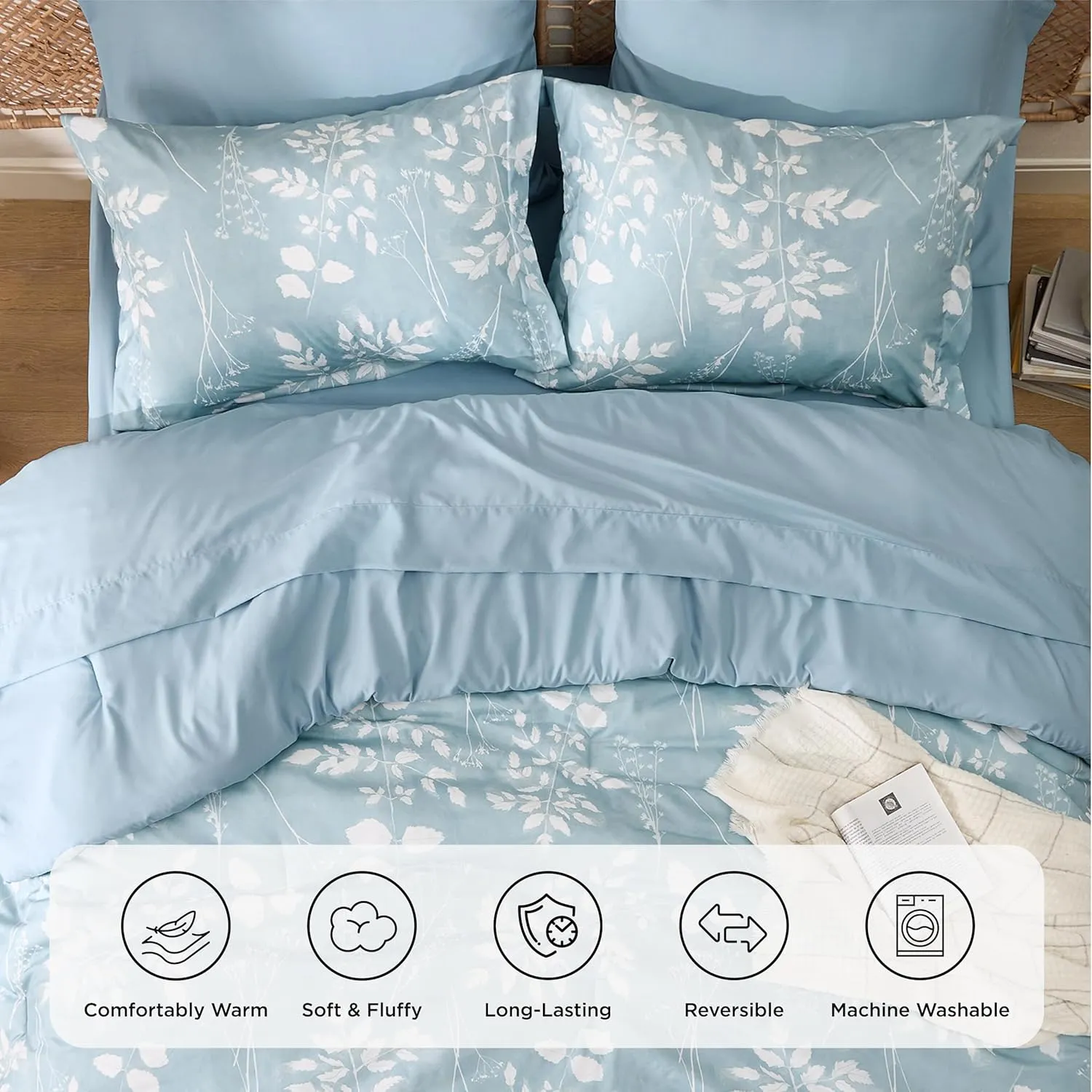 Bedsure Sky Blue Queen Comforter Set - 7 Pieces Floral Bedding Sets, Queen Bed in a Bag with Reversible Botanical Flowers Comforter, Sheets, Pillowcases & Shams