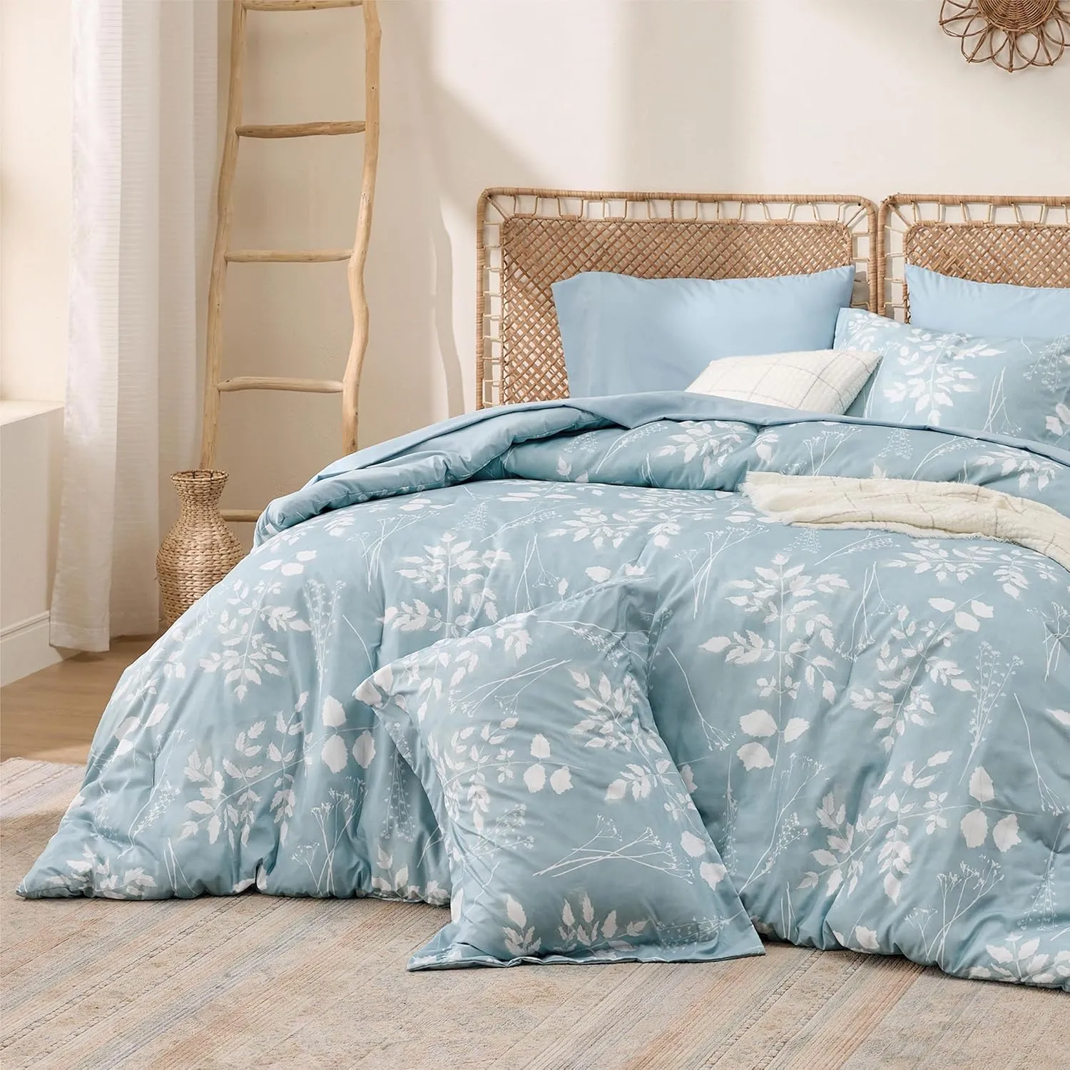 Bedsure Sky Blue Queen Comforter Set - 7 Pieces Floral Bedding Sets, Queen Bed in a Bag with Reversible Botanical Flowers Comforter, Sheets, Pillowcases & Shams
