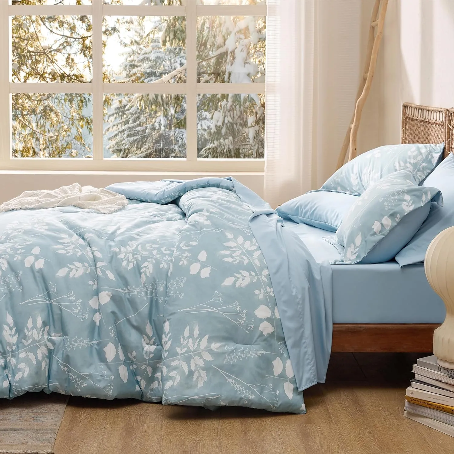 Bedsure Sky Blue Queen Comforter Set - 7 Pieces Floral Bedding Sets, Queen Bed in a Bag with Reversible Botanical Flowers Comforter, Sheets, Pillowcases & Shams