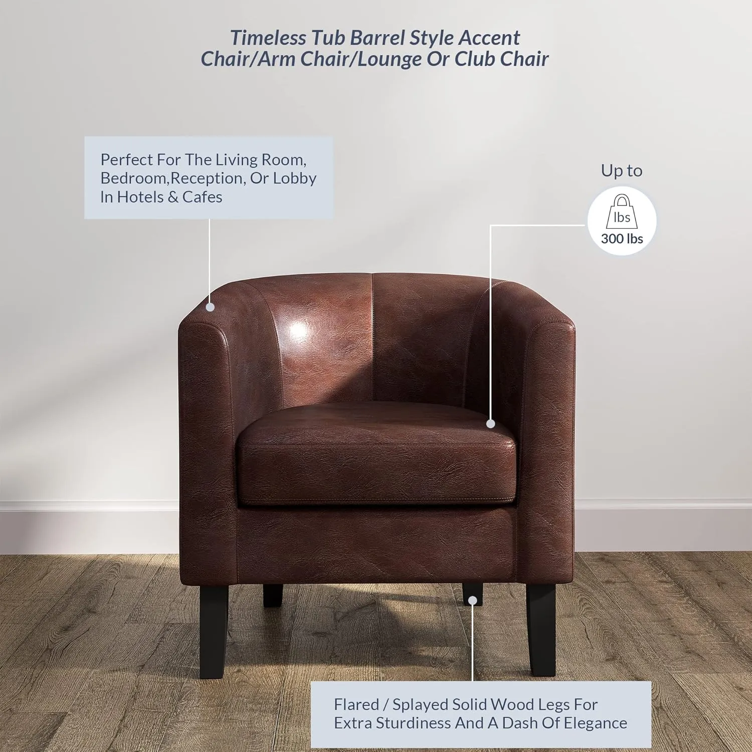 BELLEZE Living Room Chair, Faux Leather Round Accent Barrel Chair, Club Tub Sofa Chair for Bedroom, Corner Chair with Flared Legs and Cozy Soft Padding - Highland (Caramel)