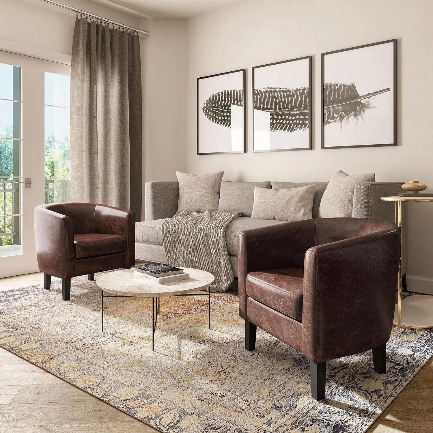 BELLEZE Living Room Chair, Faux Leather Round Accent Barrel Chair, Club Tub Sofa Chair for Bedroom, Corner Chair with Flared Legs and Cozy Soft Padding - Highland (Caramel)