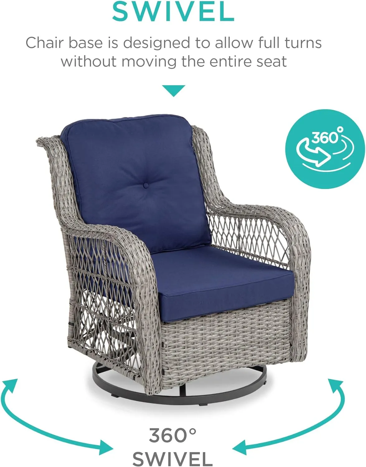 Best Choice Products 3-Piece Outdoor Wicker Patio Bistro Set w/ 2 360-Degree Swivel Rocking Chairs and Tempered Glass Top Side Table - Navy