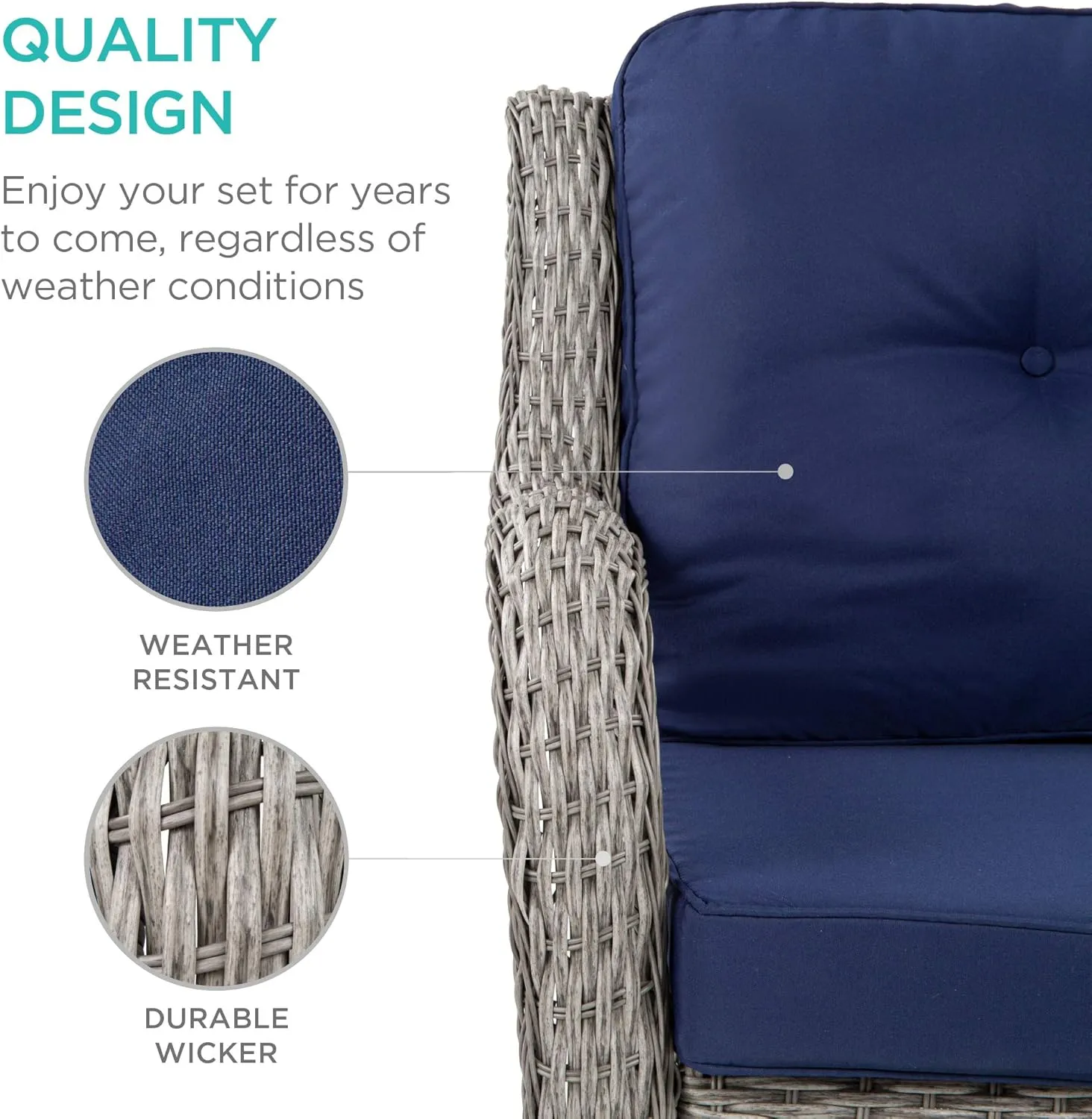 Best Choice Products 3-Piece Outdoor Wicker Patio Bistro Set w/ 2 360-Degree Swivel Rocking Chairs and Tempered Glass Top Side Table - Navy