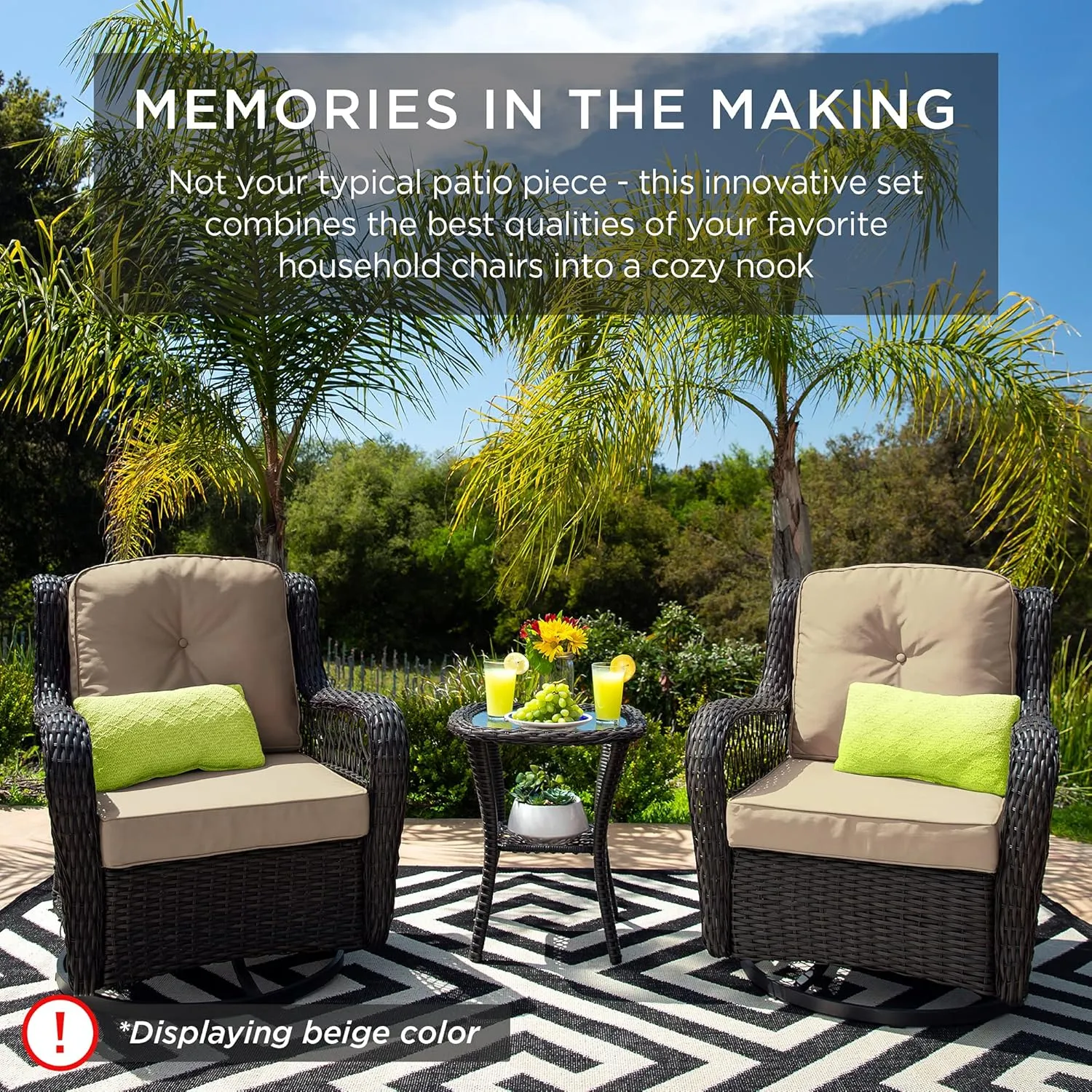Best Choice Products 3-Piece Outdoor Wicker Patio Bistro Set w/ 2 360-Degree Swivel Rocking Chairs and Tempered Glass Top Side Table - Navy
